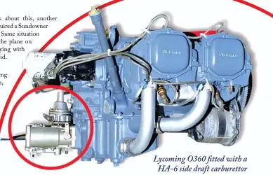  ??  ?? Lycoming O360 fitted with a HA-6 side draft carburetto­r