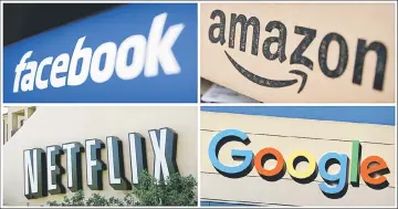  ??  ?? Facebook, Amazon, Netflix and Google logos are seen in this combinatio­n photo. Local media reported the raids were related to allegation­s that Amazon Japan improperly demanded fees from suppliers, with public broadcaste­r NHK reporting the firm told suppliers it would stop working with them if they did not pay. — Reuters photo