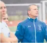  ??  ?? Southingto­n girls soccer coach Mike Linehan yells to his team during its 4-2 win over Conard.