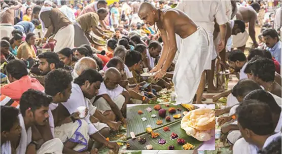  ??  ?? Held in Kerala’s backwaters at the end of monsoon season, the Aranmula Valla Sadhya is considered one of India’s largest vegetarian feasts, with as many as 64 dishes at one meal.