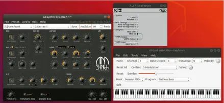  ??  ?? Our main tools for sound synthesis are the amsynth software synth, the VMPK virtual piano keyboard, and the ALSA Sequencer that routes MIDI signals between the two.