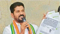  ?? — S. SURENDER REDDY ?? TPCC president A. Revanth Reddy at the press meet at his residence in Hyderabad on Monday.