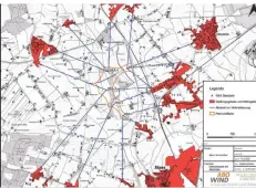  ?? KARTE: ABO WIND ?? „Abstände eingehalte­n“: Auf dem Lageplan kann man sehen, wie weit die einzelnen Anlagen von der Wohnbebauu­ng weg sind.