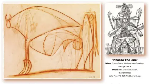  ??  ?? ‘Picasso The Line’ When: 11 a.m.-7 p.m. Wednesdays-Sundays, through Jan. 8 Where: The Menil Collection, 1533 Sul Ross Info: Free; 713-525-9400, menil.org