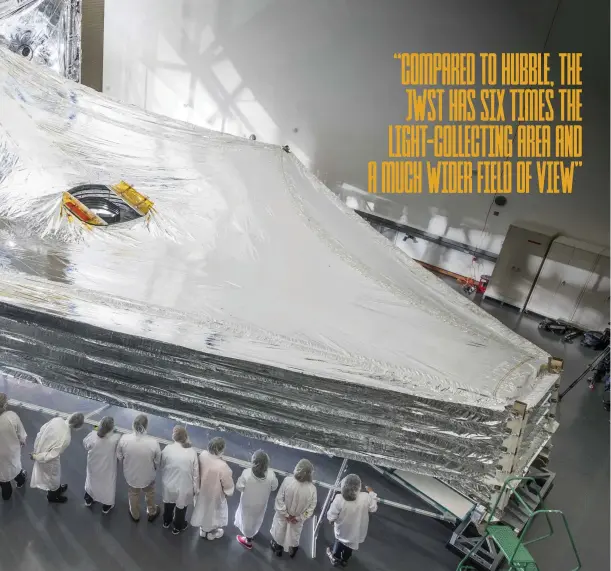  ??  ?? ABOVE The JWST’s sunshield is the largest part of the observator­y. The five layers of thin membrane must unfold precisely to provide a thermally stable environmen­t. Here, engineers test a full-sized replica in a clean room at the Northrop Grumman facility in California.