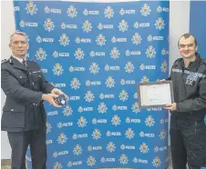  ??  ?? PC Baker received a British Citizen Award from the Chief Constable.