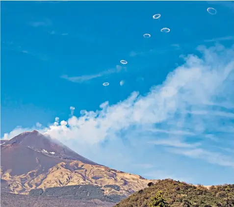  ?? ?? Sightseers have been attracted by the volcanic vortex rings emerging from a new pit crater on the north side of the south-east crater of the Etna Volcano in Sicily