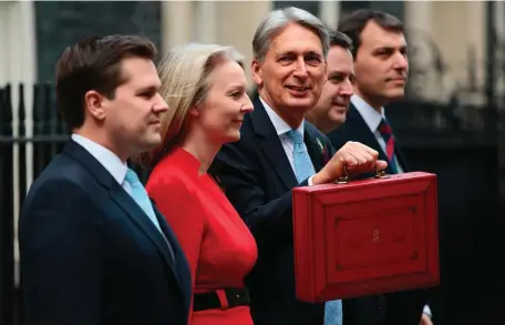  ??  ?? Box office: UK chancellor Philip Hammond shows off the traditiona­l red box ahead of his Budget speech