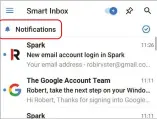  ?? ?? Spark Mail’s Smart Inbox displays new emails in a separate Notificati­ons area