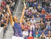  ?? JOHN MINCHILLO ASSOCIATED PRESS ?? Leylah Fernandez of Canada reacts after defeating Angelique Kerber of Germany during the fourth round of the U.S. Open on Sunday in New York.