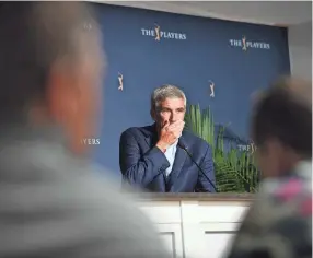 ?? ADAM HAGY/USA TODAY SPORTS ?? Meeting the media at the Players Championsh­ip, PGA Tour Commission­er Jay Monahan, seen in 2020, seemed to suggest he knows the tide has turned in his favor in the war with LIV Golf.