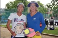  ?? ANDREA PEACOCK/The Okanagan Weekend ?? Jennifer Lucore and Alex Hamner, pickleball teammates from San Diego, Calif., are seen before a match at the Canadian Pickleball Championsh­ips in Kelowna.