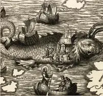  ??  ?? Este grabado de 1550 ilustra la misa de Pascua celebrada por San Brandán y sus acólitos sobre la isla-pez.
