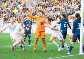  ?? Photo / Photosport ?? Meikayla Moore (No 5) wheels away in delight after scoring the Football Ferns goal against Japan yesterday.