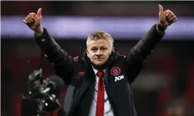  ??  ?? Ole Gunnar Solskjaer salutes Manchester United’s supporters after the 1-0 victory over Tottenham at Wembley on Sunday. Photograph: Richard Calver/REX/Shuttersto­ck