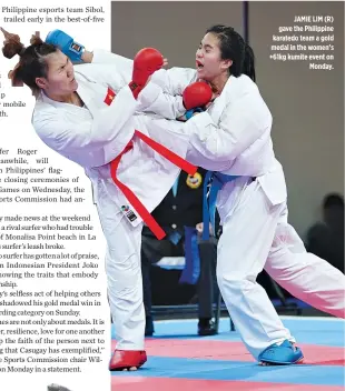  ?? ALVIN S. GO ?? JAMIE LIM (R) gave the Philippine karatedo team a gold medal in the women’s +61kg kumite event on Monday.