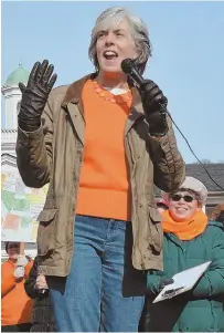  ?? STAFF PHOTO BY CHRIS CHRISTO ?? GET OUT THE VOTE: Bay State U.S. Rep. Katherine Clark tells rallygoers to speak with their ballots.