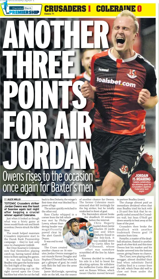  ??  ?? JORDAN IS ROARING Owens celebrates his winning goal for Crusaders against Coleraine last night