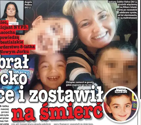  ??  ?? Angela Pollina (42 l.)
Chłopiec zamarzł w garażu, gdzie wygnano go na noc
Justyna Zubko-Valva (36 l.), strażnik więzienny
na Rikers Island, której po rozwodzie
odebrano synów, od lat alarmowała, że są maltretowa­ni
Thomas Valva (8 l.)