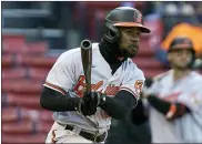  ?? STEVEN SENNE — THE ASSOCIATED PRESS ?? Baltimore Orioles’ Cedric Mullins watches his double in the ninth inning of the team’s baseball game against the Boston Red Sox, Sunday, April 4, 2021, in Boston. The Orioles won 11-3.