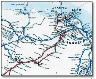  ?? Robin Nelson Collection ?? An Airey’s map of 1870 shows Caledonian routes in red, the main line from Carstairs appears bottom left met at Midcalder by the incoming direct route from Glasgow, via Shotts. At this stage the only passenger CR routes in the Edinburgh vicinity are through to Princes Street and the branch south from Balerno Junction to Balerno, all other CR metals being goods only at this time.