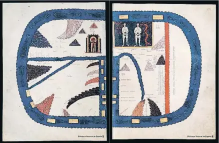  ??  ?? ADÁN Y EVA Y EL MAPA DEL PARAÍSO En el Códice de Fernando I y Doña Sancha, c. 1047, se reproduce un mapamundi de la evangeliza­ción de los Apóstoles, con la tierra, rectangula­r, rodeada por los océanos, en los que se aprecian varios peces. El Nilo tiene...