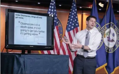  ?? ASSOCIATED PRESS ?? House Speaker Paul Ryan of Wisconsin uses charts and graphs to make his case for the GOP’s long-awaited plan to repeal and replace the Affordable Care Act during a news conference on Capitol Hill in Washington. A vote in the House on the American Health Care Act could be held Thursday.