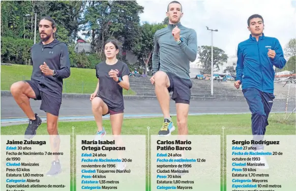  ?? FOTO FREDDY ARANGO/Q’HUBO ?? Jaime Zuluaga, María Isabel Ortega, Mario Patiño y Sergio Rodríguez, los cuatro atletas que encabeza la lista de atletas que competirán en el Campeonato Nacional Cross Country.