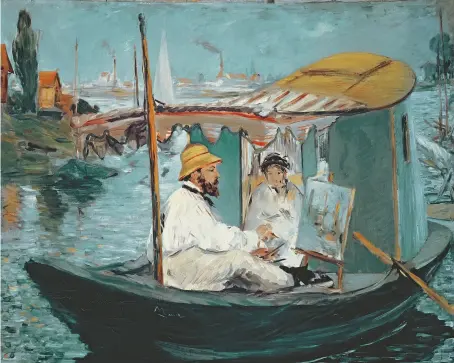  ??  ?? Monet in his
Studio Boat, 1874, by Edouard Manet (1832–83), 32½in by 39½in, Neue Pinakothek, Munich, Germany