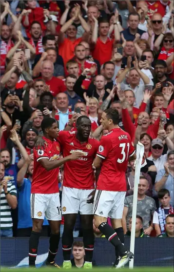  ??  ?? Romelu Lukaku celebrates after scoring Manchester United’s opening goal against West Ham.