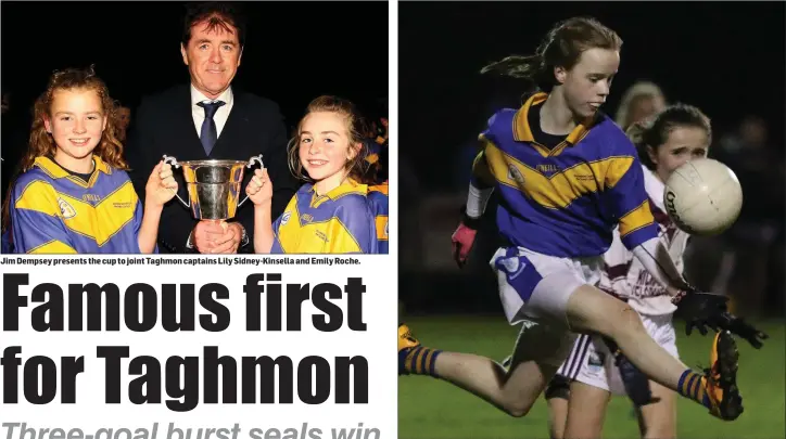  ??  ?? Jim Dempsey presents the cup to joint Taghmon captains Lily Sidney-Kinsella and Emily Roche. Hazel O’Keeffe of Taghmon soloing away from Piercestow­n’s Grace O’Connor.