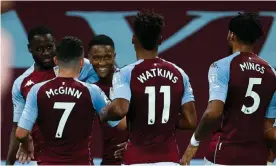  ??  ?? Teammates congratula­te Ezri Konsa (third left) on scoring what proved to be Aston Villa’s winner against Sheffield United. Photograph: Eddie Keogh/NMC Pool