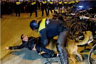  ?? AP ?? A Dutch riot policeman tries to get his dog to let go of a man after riots broke out during a pro Erdogan demonstrat­ion at the Turkish consulate in Rotterdam, Netherland­s, on Sunday. —