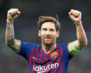  ?? — Reuters ?? Unstoppabl­e: Barcelona’s Lionel Messi celebratin­g after scoring the third goal against Tottenham during the Champions League Group B match at Wembley on Wednesday.