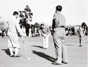  ??  ?? [Above, l to r] Gene Sarazen, Walter Hagen & Bobby Jones at the 1935 Masters, closely watched by the Duke of Windsor; [below] Player, Nicklaus & Palmer pose at Firestone Country Club