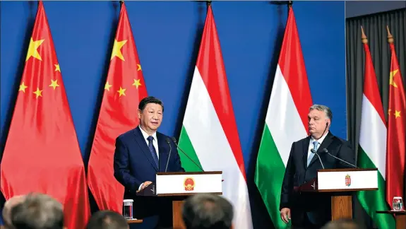  ?? XIE HUANCHI / XINHUA ?? President Xi Jinping speaks during his joint press conference with Hungarian Prime Minister Viktor Orban following their talks in Budapest, Hungary, on Thursday.