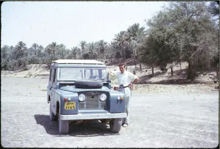  ?? Photos David Riley ?? David Riley, who ran a mobile banking service for the British Bank of the Middle East in the Western Region, is pictured at Buraimi Oasis, Al Ain, in his early twenties (c.1962-4)