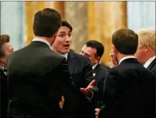  ??  ?? From left, the Princess Royal, Jens Stoltenber­g (back to camera), Justin Trudeau, Emmanuel Macron (back to camera) and Boris Johnson are caught on camera discussing Donald Trump at Buckingham Palace.