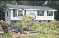  ?? STAFF PHOTOS BY PAUL LAGASSE ?? Above, the roof of Leo Yates’ house on Penns Hill Road was damaged by a tree that was blown down in an “extremely fast moving and intense storm” on Monday afternoon. Below, uprooted trees and fallen limbs are a common sight around Cooksey and Penns...