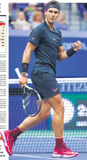  ?? AFP ?? Rafael Nadal celebrates after winning a point against Juan Martin del Potro during their semifinal at the US Open on Friday. Nadal won 46, 75, 63, 64.