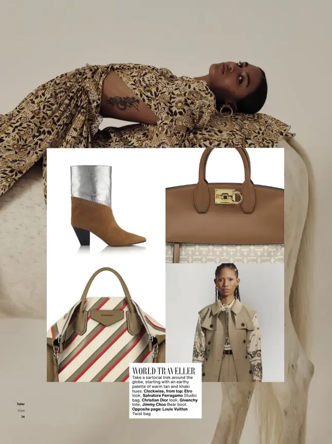  ??  ?? Take a sartorial trek around the globe, starting with an earthy palette of warm tan and khaki hues. look, bag, tote, look, Bear boot.