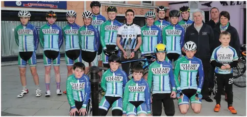  ??  ?? O’ Leary Stone Kanturk Cycling Club members pictured at the Welcome Home celebratio­n in Kanturk for Eddie Dunbar, who won the U23 Tour of Flanders. Photo by Sheila Fitzgerald.