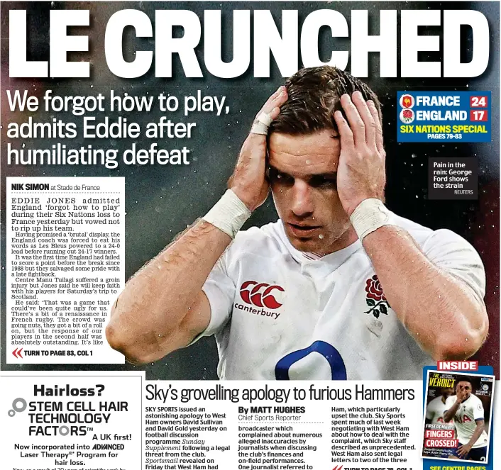  ?? REUTERS ?? Pain in the rain: George Ford shows the strain