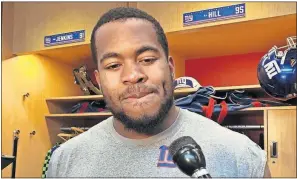  ?? THE ASSOCIATED PRESS] [TOM CANAVAN/ ?? Giants rookie defensive lineman B.J. Hill talks to the media after practice Thursday in East Rutherford, N.J. The Giants play at the Redskins on Sunday.