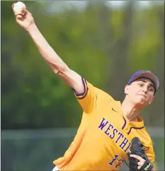  ?? Matthew Brown / Hearst Connecticu­t Media ?? Westhill’s John MacDonald makes his delivery in the first inning against Darien on May 11.