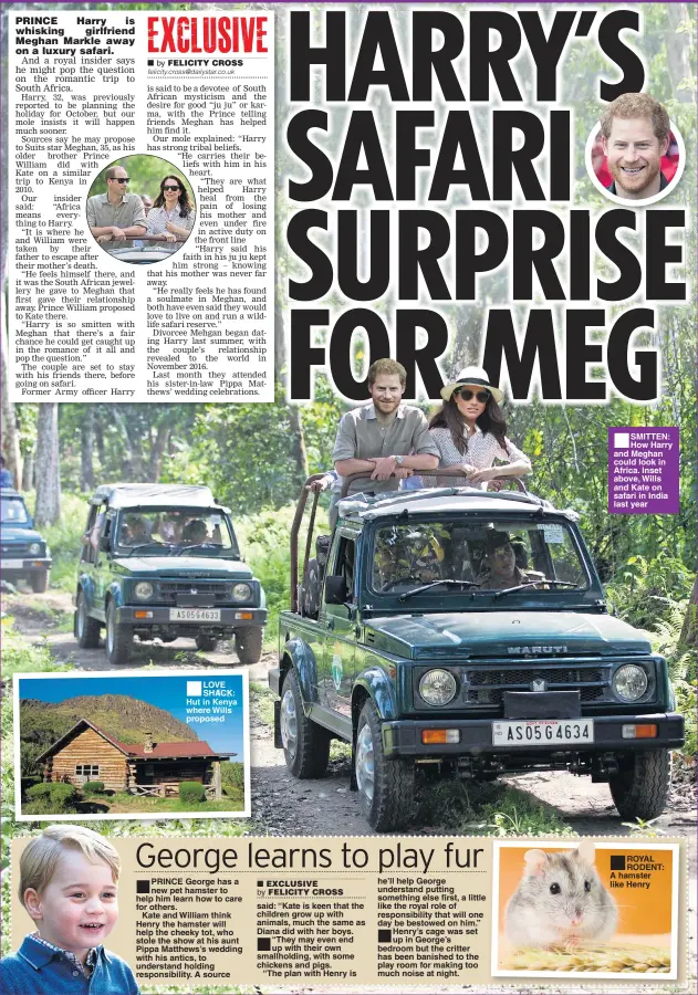  ??  ?? LOVE SHACK: Hut in Kenya where Wills proposed SMITTEN: How Harry and Meghan could look in Africa. Inset above, Wills and Kate on safari in India last year ROYAL RODENT: A hamster like Henry