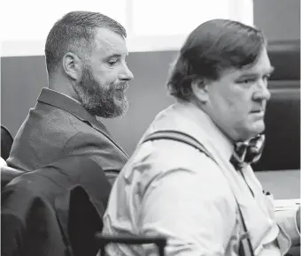  ?? Melissa Phillip / Houston Chronicle ?? Terry Thompson, left, accused of fatally choking 24-year-old John Hernandez, listens to arguments with attorney Scot Courtney during the first day of the trial on Wednesday.