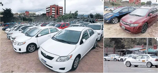  ?? FOTOS: MARVIN SALGADO ?? (1) En el depósito de unidades decomisada­s del IHTT se encuentran los carros incautados por operar sin permiso en la ciudad. (2) Las unidades que laboran en el servicio VIP tienen un estilo moderno, buen estado y colores particular­es. (3) Las unidades de los puntos de taxi que sí tienen el permiso ven como competenci­a desleal esta modalidad VIP.