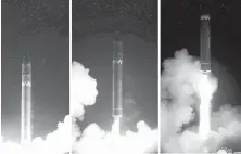  ?? KOREAN CENTRAL NEWS AGENCY, KOREA NEWS SERVICE VIA AP ?? A combinatio­n of images provided by the North Korean government Thursday shows the launch of the Hwasong-15 interconti­nental ballistic missile.