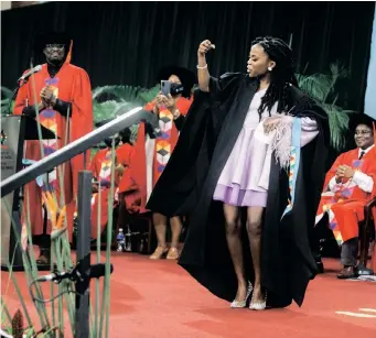  ?? | RAJESH JANTILAL ?? CHART-TOPPING songstress Moh singing and dancing on stage, jiving to her song ‘Soft Life’, which played as she received her Bachelor of social work degree from the University of KwaZulu-Natal.